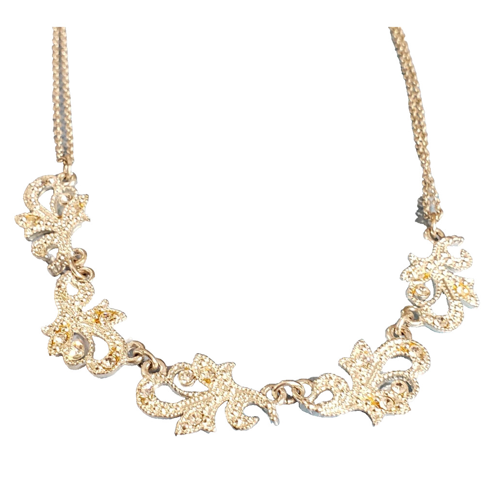 Vintage Ornate‎ Bib Necklace Sparkly Silver-tone Double Chain,Glass 16" wh03-35